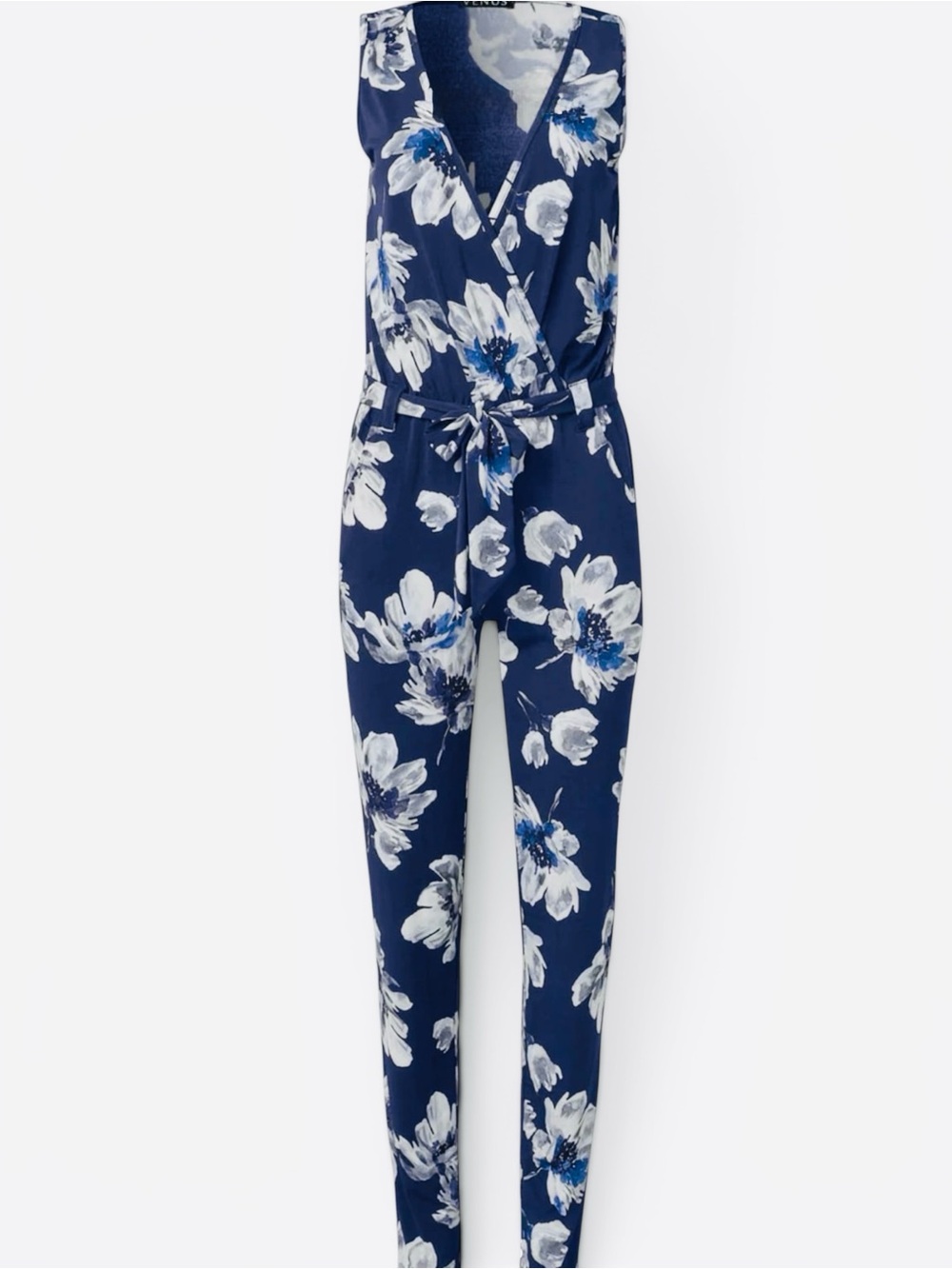VENUS-Sleeveless Navy Floral Jumpsuit with Tie Waist - Picture 3 of 9